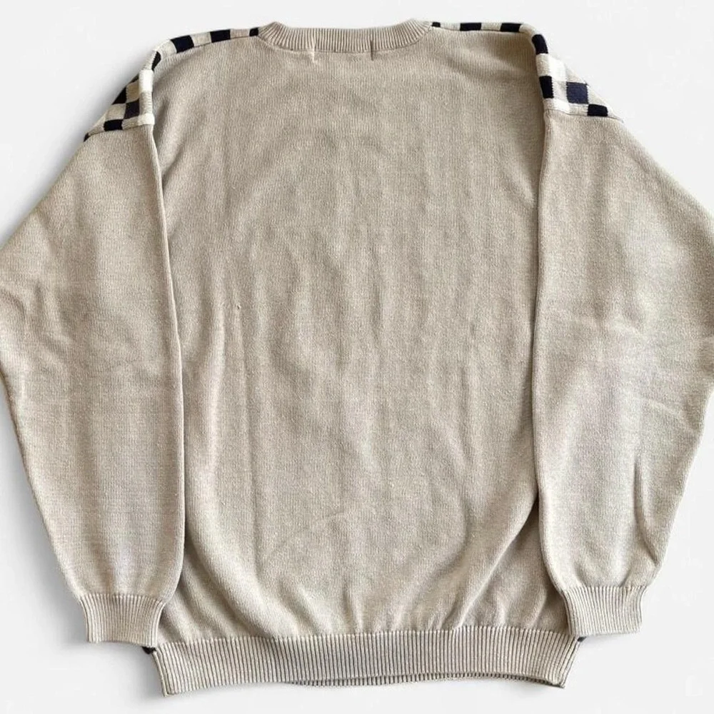 Vintage Men’s John Ashford Golf Tan Checkered Navy Blue White Cotton Sweater